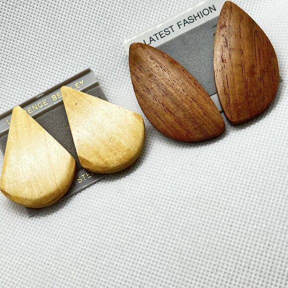 Vintage Lawrence Bentley 1980s + 1 Unbranded Pair of Pierced Soild Wood Earrings - Picture 1 of 4